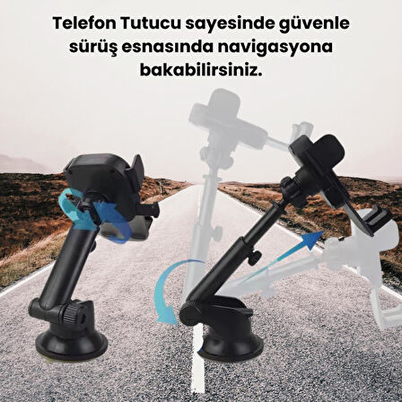 Polham Vantuzlu Torpido Üstü ve Cam için Araç İçi Telefon Tutucu, Teleskopik Ayarlanabilir Döner Başlık