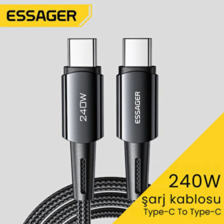 Essager 1 Metre 240W 5A PD3.1 Type-C to Type-C Mega Hızlı Data Şarj Kablosu, Ultra Sağlam Halat Kablo Kopmaz