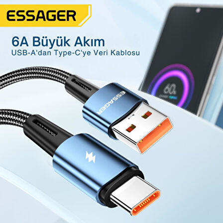 Essager 2 Metre 120W 6A PD3.1 USB to Type-C Mega Hızlı Data Şarj Kablosu, Ultra Sağlam Halat Kablo Kopmaz