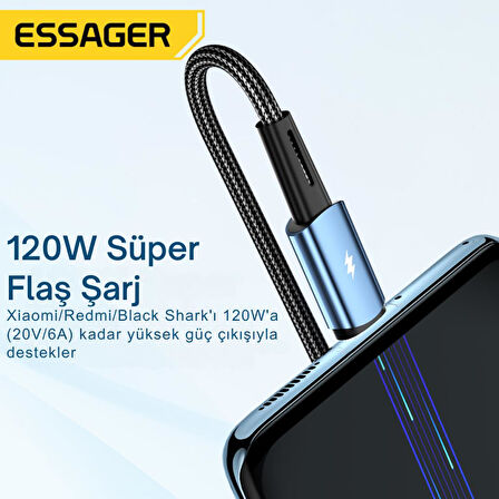 Essager 2 Metre 120W 6A PD3.1 USB to Type-C Mega Hızlı Data Şarj Kablosu, Ultra Sağlam Halat Kablo Kopmaz