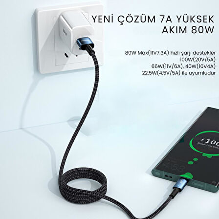 Essager 3 Metre 80W 7A USB to Type-C Süper Hızlı Data Şarj Kablosu, Ultra Dayanıklı Şarj ve Data Kablosu
