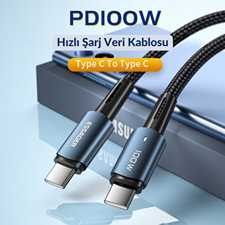 Essager 100W 5A Type C To Type C Süper Hızlı Şarj ve Data Kablosu, Kopmaz Örgü Tipi Süper Dayanıklı Kablo 3 Metre