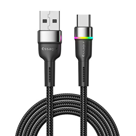 Essager LEd Işıklı 2 Metre 3A USB to Type-C Ultra Hızlı Şarj Kablosu,Dayanıklı Renkli Led Işıklı Kablo