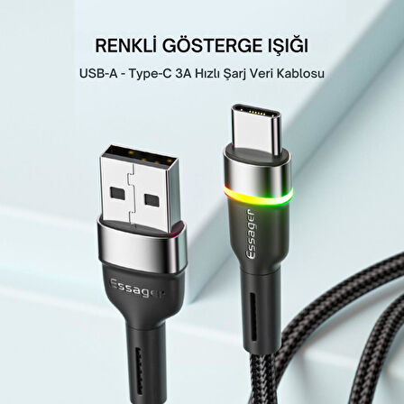Essager LEd Işıklı 2 Metre 3A USB to Type-C Ultra Hızlı Şarj Kablosu,Dayanıklı Renkli Led Işıklı Kablo