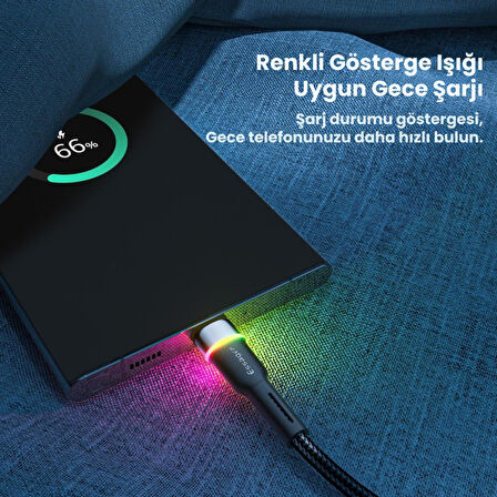 Essager LEd Işıklı 2 Metre 3A USB to Type-C Ultra Hızlı Şarj Kablosu,Dayanıklı Renkli Led Işıklı Kablo
