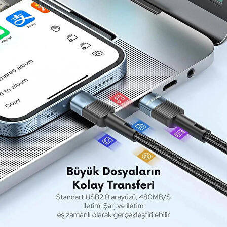 Essager 3 Metre 60W PD Type C To Type C Şarj Kablosu, Akım, Isı ve Güç Korumalı Ultra Sağlam Kablo