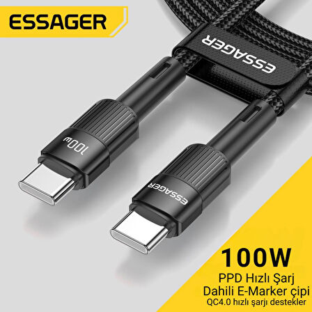 Essager 0.50CM PD 100W QC4.0 Süper Hızlı Type C To Type C Şarj Data Kablosu, Akım,Isı, Batarya Korumalı
