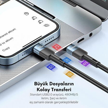Essager 0.50CM PD 100W QC4.0 Süper Hızlı Type C To Type C Şarj Data Kablosu, Akım,Isı, Batarya Korumalı