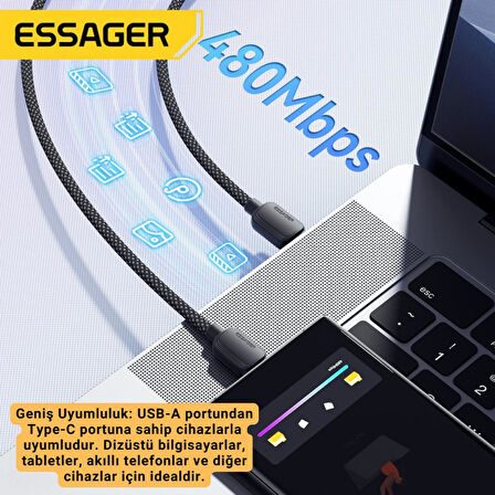 Essager 3 Metre 7A 100W E-Marker Süper Hızlı USB To Type C Şarj Data Kablosu, Akım,Isı, Güçlü Kablo