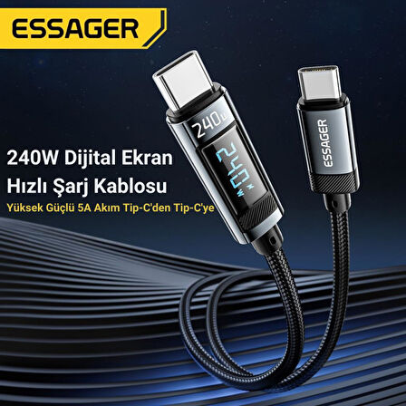 Essager 2 Metre 240W Dijital Ekranlı Type-C to Type-C Mega Hızlı Data Şarj Kablosu, Ultra Sağlam Halat Kablo Kopmaz