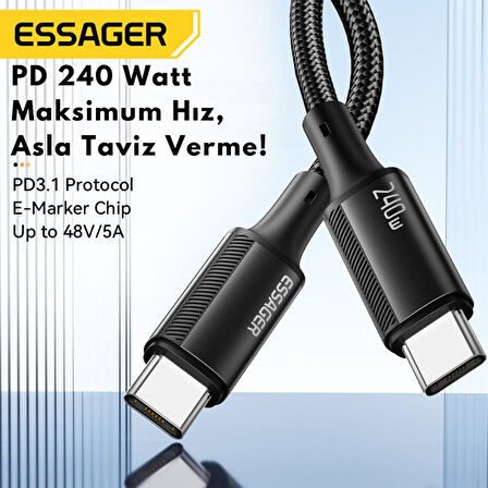 Essager 1 Metre PD 240W  Type-C to Type-C Mega Hızlı Data Şarj Kablosu, Telefon, Tablet, Laptop Şarj Kablosu