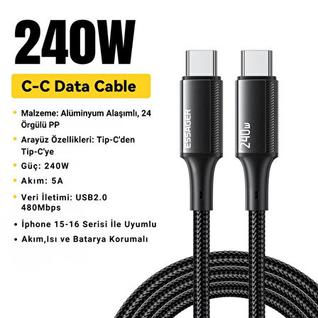 Essager 2 Metre PD 240W  Type-C to Type-C Mega Hızlı Data Şarj Kablosu, Telefon, Tablet, Laptop Şarj Kablosu