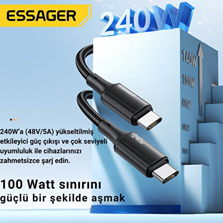 Essager 2 Metre PD 240W  Type-C to Type-C Mega Hızlı Data Şarj Kablosu, Telefon, Tablet, Laptop Şarj Kablosu