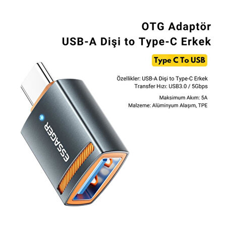 Essager Type-C To USB OTG Dönüştürücü Adaptör, 5 Gbps Veri Aktarım, Mini Type C Çevirici, Klavye, Mouse Çevirici