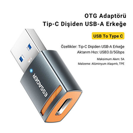 Essager USB to Type-C OTG Dönüştürücü Adaptör, 5 Gbps Veri Aktarım, USB Type C Çevirici, Klavye, Mouse Çevirici