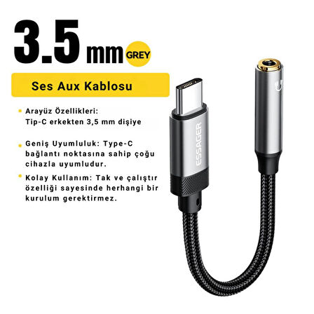 Essager 15CM Type C To 3.5mm Aux Kulaklık Ses Dönüştürücü Adaptör, Hifi Ses Destekli Aux Çevirici