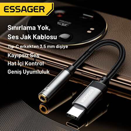 Essager 15CM Type C To 3.5mm Aux Kulaklık Ses Dönüştürücü Adaptör, Hifi Ses Destekli Aux Çevirici