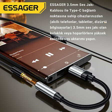 Essager 15CM Type C To 3.5mm Aux Kulaklık Ses Dönüştürücü Adaptör, Hifi Ses Destekli Aux Çevirici