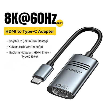 Essager 8K@60Hz Type C To HDMİ Çevirici Adaptör, Ses ve Görüntü Aktarıcı, Type C HDMİ Ekran Çoğaltıcı