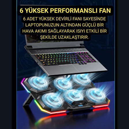Polham 6 Fanlı RGB Işıklı Laptop Soğutucu Stand, 7 Kademeli Yükseklik Ayarlı 2400RPM Süper Soğutucu Stand