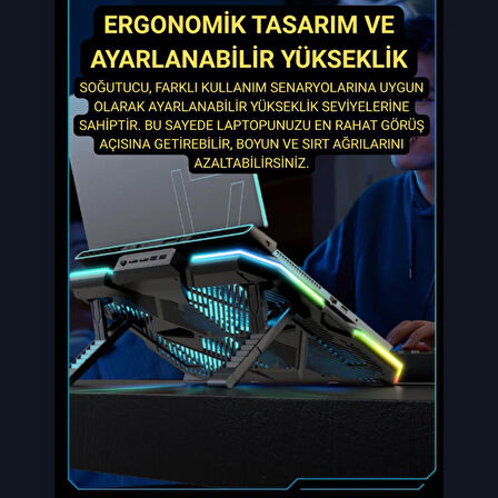 Polham 6 Fanlı RGB Işıklı Laptop Soğutucu Stand, 7 Kademeli Yükseklik Ayarlı 2400RPM Süper Soğutucu Stand