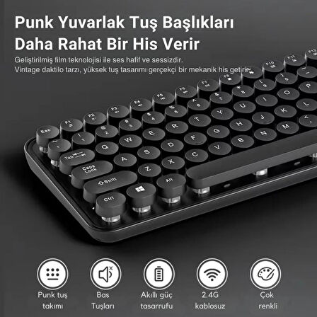 Polham 2.4Ghz Kablosuz Retro Klavye ve Mouse Seti, Tak Çalıştır Tüm Cihazlara Uyumlu Klavye Mouse Seti