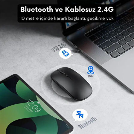 Polham Şarj Edilebilir 600mAh Çift Modlu Kablosuz Mouse, Laptop, Tablet, Telefon, TV Uyumlu Mouse Süper Sessiz
