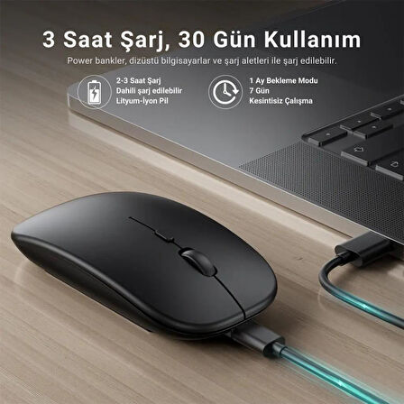 Polham Şarj Edilebilir 600mAh Çift Modlu Kablosuz Mouse, Laptop, Tablet, Telefon, TV Uyumlu Mouse Süper Sessiz