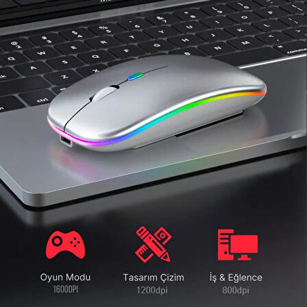 Polham Şarjlı RGB Işıklı Çift Modlu Kablosuz Mouse, Laptop, Tablet, Telefon, TV Uyumlu Mouse Süper Sessiz