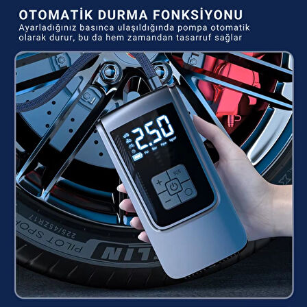 Polham 6000mAh Şarjlı 150PSİ Ultra Hızlı Lastik Şişirme Hava Kompresörü,Araç, Motosiklet, Bisiklet Pompası
