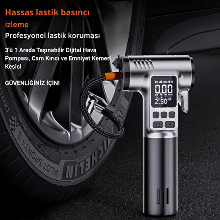 Polham 4in1 150PSİ 4000mAh Şarjlı Araç Lastik Şişirme Pompası, Cam Kırıcı, Kemer Kesici, Led Işıklı,Şarjlı Pompa