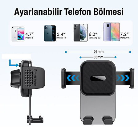Polham Süper Vantuzlu Torpido Üstü ve Ön Cam Uyumlu Araç İçi Telefon Tutucu,Teleskopik Ayarlanabilir