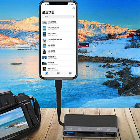 Polham 6in1 Type-c ve Lightning Çift Girişli 2x USB, 2x Type C ve SD-TF Kart Çevirici Adaptör OTG HUB