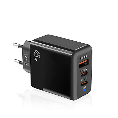 Polham 6A 45W 2x PD Type C 1x USB Şarj Başlığı, Universal Akıllı Şarj Adaptörü, Isı ve Akım Korumalı Siyah