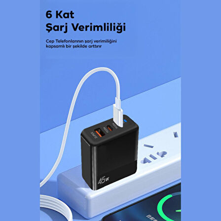 Polham 6A 45W 2x PD Type C 1x USB Şarj Başlığı, Universal Akıllı Şarj Adaptörü, Isı ve Akım Korumalı Siyah
