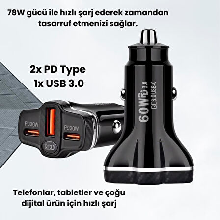 Polham Süper Hızlı 78W 1xUSB ve 2x PD Type-C Araç Şarj Cihazı, 12/24V Çakmaklık Akım ve Isı Korumalı