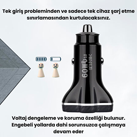 Polham Süper Hızlı 78W 1xUSB ve 2x PD Type-C Araç Şarj Cihazı, 12/24V Çakmaklık Akım ve Isı Korumalı