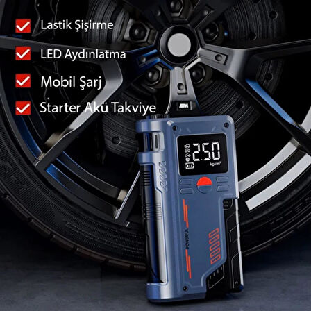 Polham 120W 4in1 Akü Starter,150PSI Lastik Pompası, 8000Mah Powerbank ve Led Işıklı Araç Acil Durum Seti