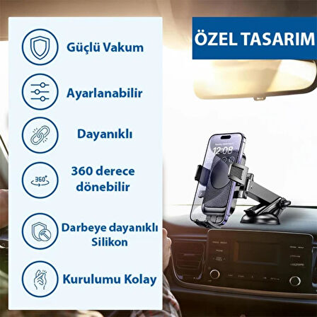 Polham Nano Vantuzlu Teleskopik Torpido Üstü Telefon Tutucu, V Tipi Düşmez Sarsılmaz Telefon Tutucu