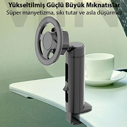 Polham Magsafe Mıknatıslı Açı ve Yön Ayarlı Sıkıştırmalı Masaüstü Telefon Tutucu, Sehpa, Koltuk Uyumlu