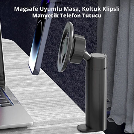 Polham Magsafe Mıknatıslı Açı ve Yön Ayarlı Sıkıştırmalı Masaüstü Telefon Tutucu, Sehpa, Koltuk Uyumlu