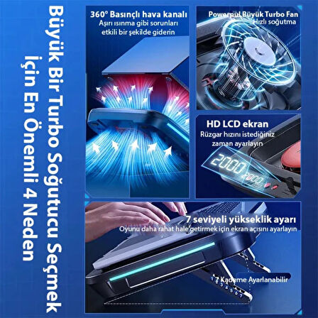 Polham 7 Seviyeli Braket Turbo Fanlı 14-19,3İnc Arası Notebook Soğutuculu Stand, 2400RPM Süper Hızlı Soğutucu
