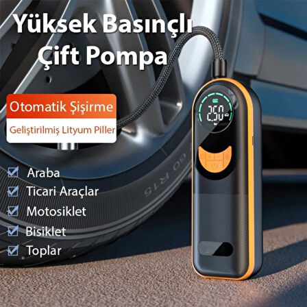 Polham 60W 4000mAh Şarjlı 150PSİ Ultra Hızlı Lastik Şişirme Hava Kompresörü, Dijital Göstergeli Pompa