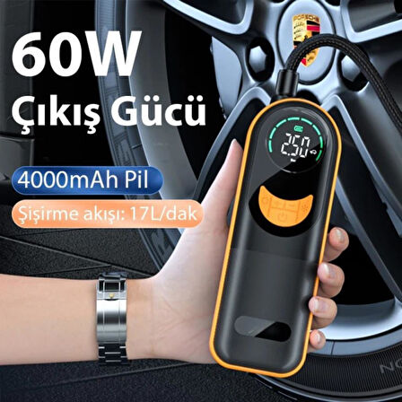 Polham 60W 4000mAh Şarjlı 150PSİ Ultra Hızlı Lastik Şişirme Hava Kompresörü, Dijital Göstergeli Pompa