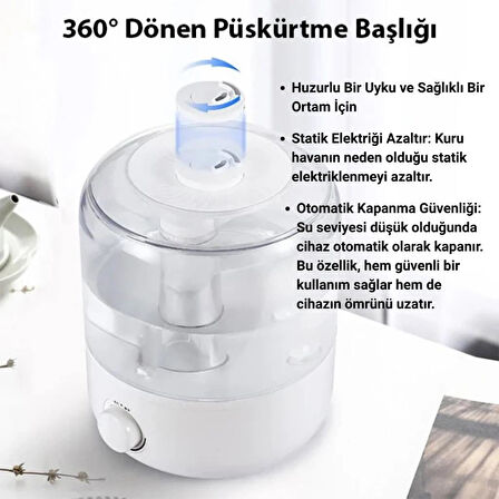 Polham 2.5 Litre Ultra Sessiz Koku, Esans Eklenebilir Hava Nemlendirici, Otomatik Kapanma Güvenlikli Nem Cihazı