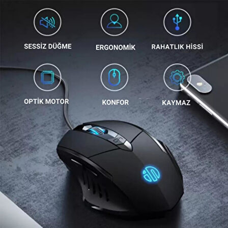Polham Süper Sessiz 1.5 Metre Kablolu 7200 DPİ Ergonomik Oyuncu Mouse, Gecikmesiz Universal Süoer Mouse
