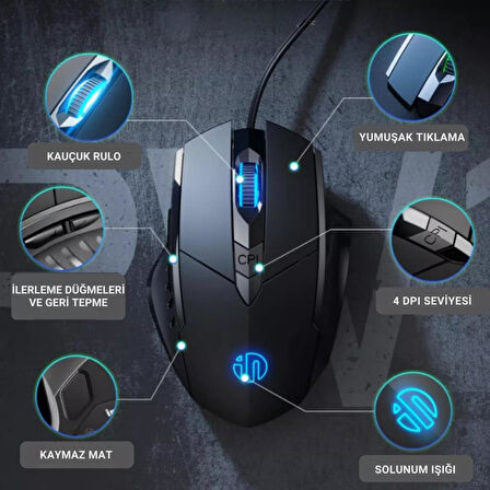 Polham Süper Sessiz 1.5 Metre Kablolu 7200 DPİ Ergonomik Oyuncu Mouse, Gecikmesiz Universal Süoer Mouse