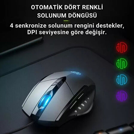 Polham Süper Sessiz 1.5 Metre Kablolu 7200 DPİ Ergonomik Oyuncu Mouse, Gecikmesiz Universal Süoer Mouse