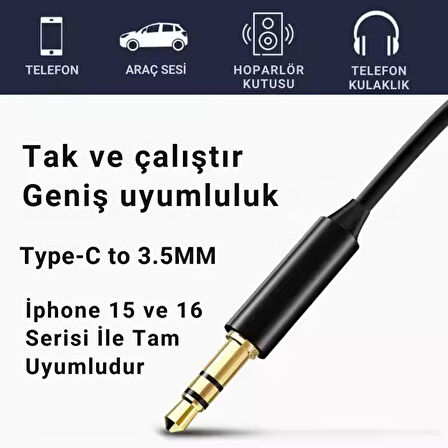 Polham 1 Metre Type C to 3.5MM Stereo Premium Ses Kablosu, Araç, Telefon, Hoparlör İçin Aux Kablosu