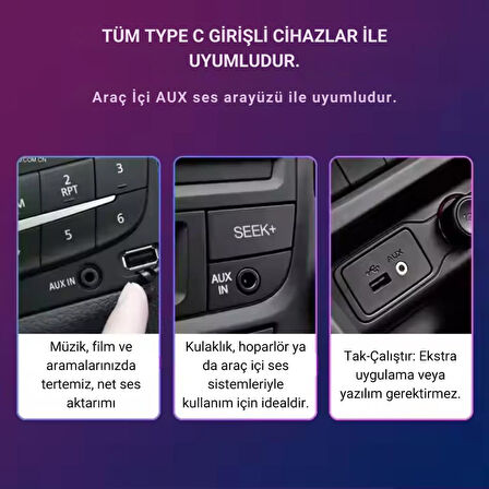 Polham 1 Metre Type C to 3.5MM Stereo Premium Ses Kablosu, Araç, Telefon, Hoparlör İçin Aux Kablosu